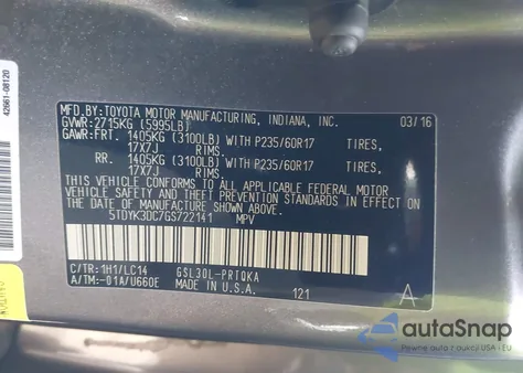 2016 Toyota Sienna Xle 8 Passenger z USA, uszkodzony, nr VIN 5TDYK3DC7GS722141